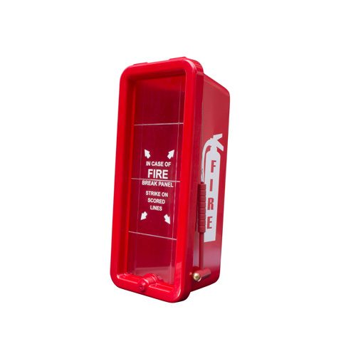 red plastic cabinet w/ lock and glass hammer for 5 lb fire extinguisher
