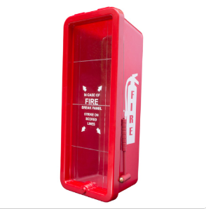red cabinet w/ lock and hammer for 10 lb fire extinguisher