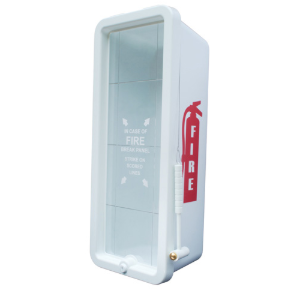 white cabinet w/ lock and hammer for 10lb fire extinguishers